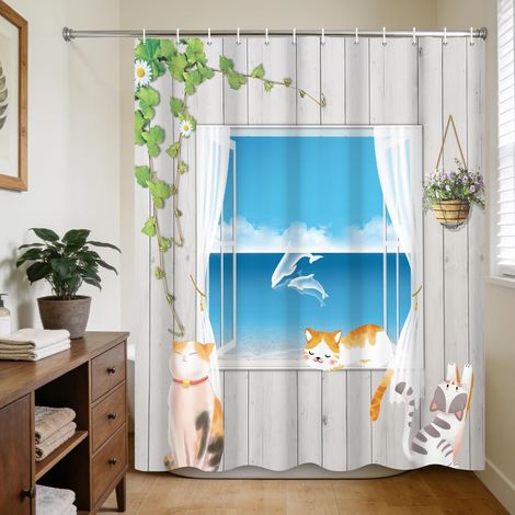 Rideau de Douche 152x183cm Chat Gris Vintage Planche de Bois Mignon Chaton Amusant Résistant à l'eau Décoration de Salle de Bain Moderne et Élégante Lavable Accessoires de Baignoire (1/5)