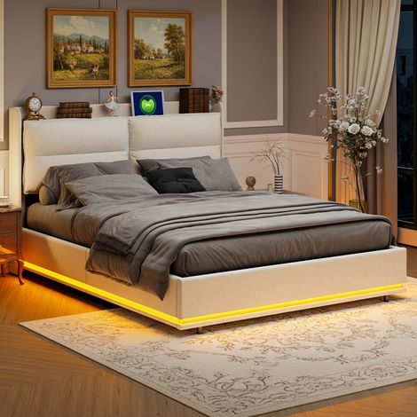 Lit coffre 160x200 cm - Lit hydraulique, 750 LBS, Dossier épais et rembourré, prises USB et électriques, cadre en métal, capacité de charge - Beige (1/5)