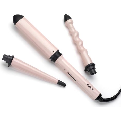 BaByliss Curl and Wave Trio Multistyler Professional Curling Iron with 3 Attachments for Curls, Waves, and Beach Waves Soft Pink
