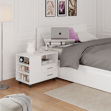 Comodino camera da letto Bora, Bianco, 80 x 88 cm con piano di lavoro regolabile, Vicco