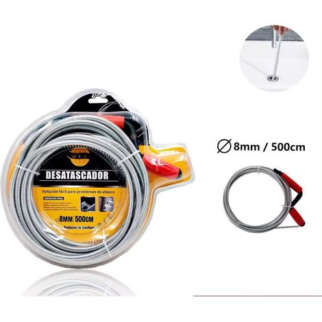Desatascador Tuberías Manual(3m x 6mm,5m x8mm), Cable Desatascador Tuberías con mango, Alambre Desatascador Tuberias Profesional, Muelle Desatascador, Espiral de limpieza de Tuberías (1/5)