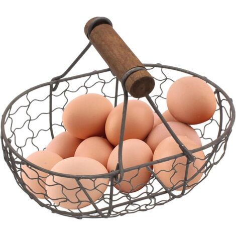 QORVA-Panier de rangement pour œufs de poule en fer - Panier à œufs rustique avec poignée en bois - Panier de rangement de pique-nique avec motif ferme - Pour 12 œufs - Pour cuisine et salle à manger