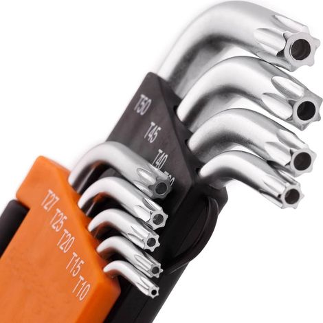 TrAdE Shop Traesio - Set Kit 9 Chiavini Torx Forati T10-t50 Angolate Stella Brugola Chromo Vanadio - (1/4)