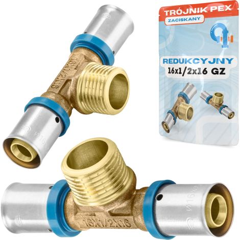 Te PEX 16x1/2x16 rosca macho, reductora, engarzada, prensada, conector Alupex (1/5)
