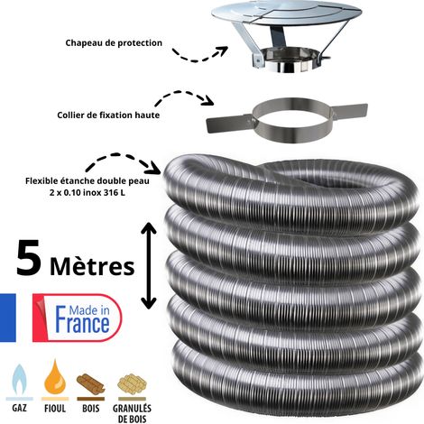 Edilinox – Kit complet de fumisterie tubage flexible double peau inox 180 mm – Longueur 5 mètres – Collier et chapeau inclus – Évacuation sécurisée des fumées