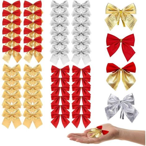 48er-Pack Weihnachtsschleifen, Weihnachtsbaumschmuck, Geschenkverpackung, Bastelbedarf (4 Farben) (1/4)