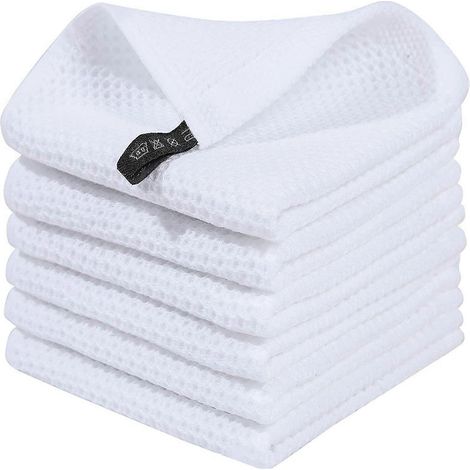 Lot de 6 torchons de cuisine 34 x 34 cm en coton gaufré, séchage rapide et absorbants, avec cintre, blancs (1/5)
