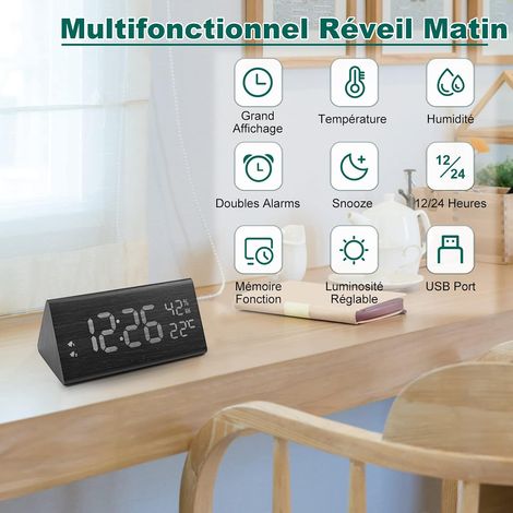 Réveil numérique, réveil en bois Good Morning Réveil numérique,, Réveil électronique alimenté par USB Réveil numérique Horloge d'affichage de l'heure, de la température et de l'humidité 1pc Noir (1/4)