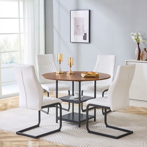 Conjunto de mesa redonda de 107 cm con 4 sillas blancas estilo industrial, MDF y metal, nogal (1/5)