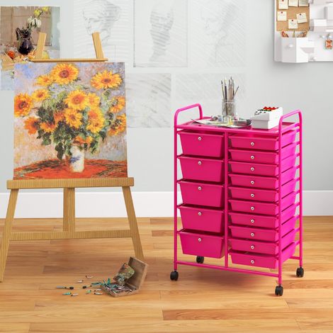 Chariot Rangement Roulettes 15 Tiroirs Freins Plastique Cadre Acier 63x37x87 cm Rose CW44937 (1/3)