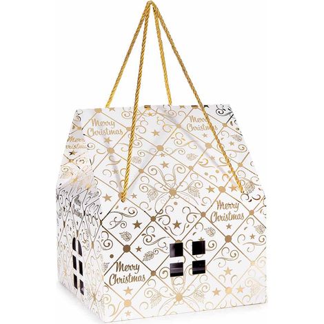 Scatole di Natale in cartone a onda singola con scritte Buon Natale, manici oro, set da 8 pezzi, cm24,5x24,5x15H (con tetto28)