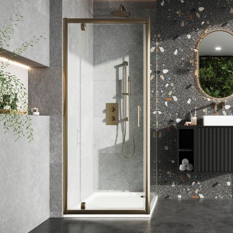 Orbit S6 Brushed Brass Pivot Shower Door 800mm Wide - 6mm Glass (1/2)