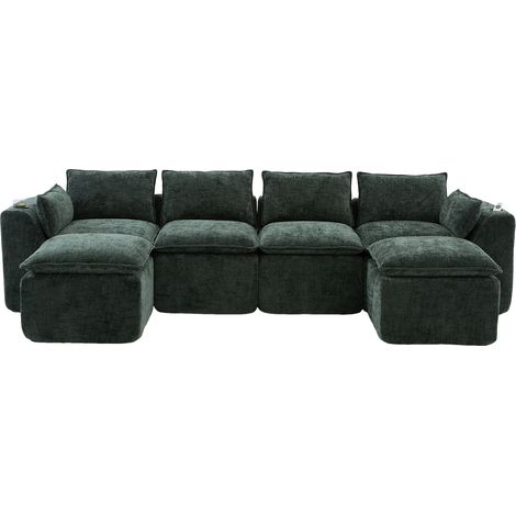 Canapé modulaire 4 places (2 poufs), coussins, porte-gobelets, 2 poches latérales, mousse/ressorts, rebond rapide. Combinaison libre – idéal pour le salon, etc. (tissu chenille vert foncé) (1/5)