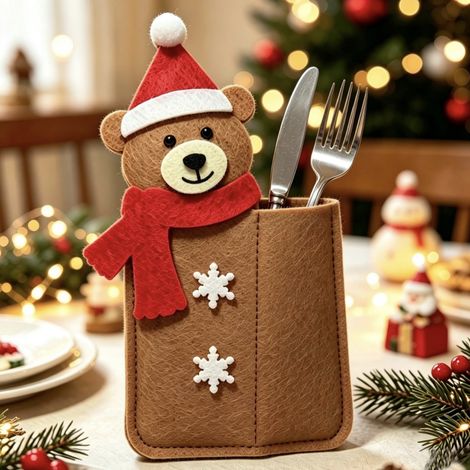 Décorations de Noël – Set de couverts « Ourson » – Pochette de couverts de table de Noël à motif « Ourson » (1/3)