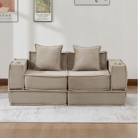 2-Sitzer-Sofa aus Cordstoff Khaki 162x78x66 cm mit 2 Kissen und Seitentaschen (1/5)