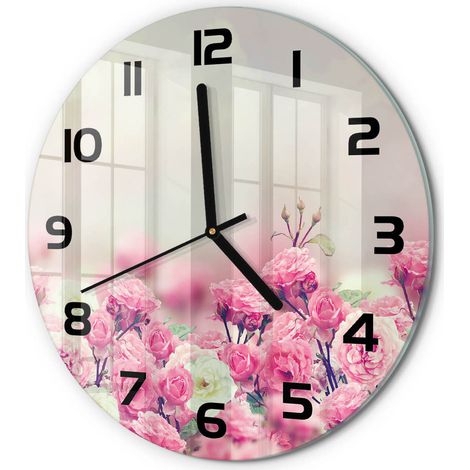 Horloge Murale Ronde Objet Décoratif en Verre Silencieuse pour Salon Fleurs de rosier sauvage fi 30 cm