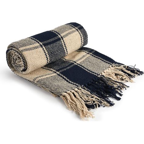 Couverture Traditionnelle en Coton recyclé à Carreaux pour Fauteuil, canapé, canapé – Bleu Marine – 127 x 152 cm (1/5)