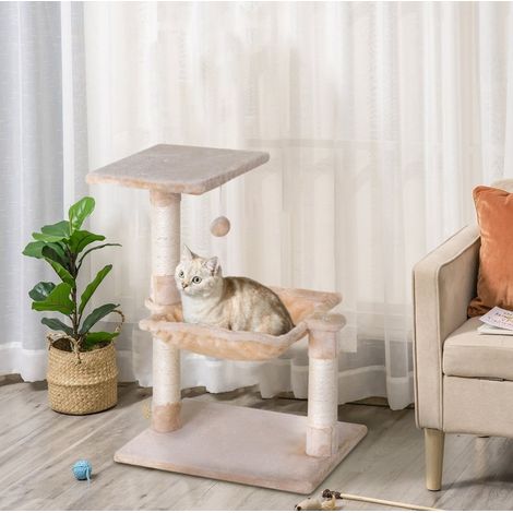 Albero per gatti con amaca in peluche, piattaforma, 3 pali in sisal, 50 x 36 x 70 cm beige HAVRYA (1/5)
