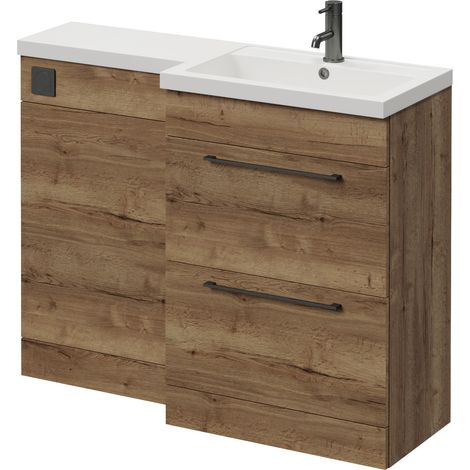 Napoli 390 Tobacco Oak 1100mm 2 Drawer Vanity Unit Toilet Suite with Square Right Hand Lucia Basin - 1100mm - Gunmetal Grey 320mm HandleWithout Kingston Toilet Pan