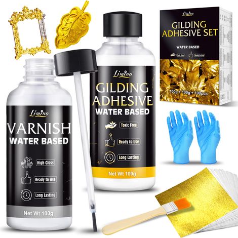 Kit de Dorure à la Feuille d'Or - Colle à base d'eau 100g et Vernis 100g avec pinceau, 100 feuilles d'or, Set d'adhésif pour feuille d'or pour arts, artisanat, peinture, meubles et décoration (1/5)