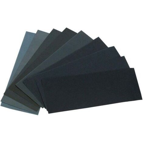 24 feuilles de papier de verre assorties, 12 grains différents, adaptées au ponçage du bois et du métal, pour une utilisation à sec ou à l'eau. Grains : 120/150/180/240/320/400/600/800/1000/1500/2500/