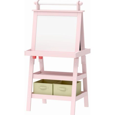 Tableau Enfant 3 en 1 avec Chevalet, Rouleau de Papier et 2 Bacs, Bois, 59x48x118 cm, Rose (1/5)
