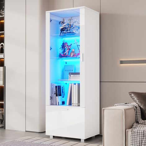 Vitrina 50/40/160 cm blanca brillo con LED, puertas de acrílico y 3 baldas de vidrio (1/5)