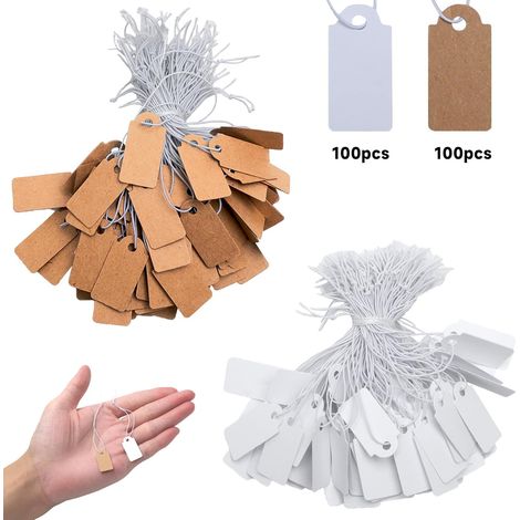 200 mini cartellini prezzo con cordino elastico, 26 x 13 mm, cartellini prezzo bianchi e marroni per esposizione di gioielli, etichette per abbigliamento, mercatini delle pulci (1/5)