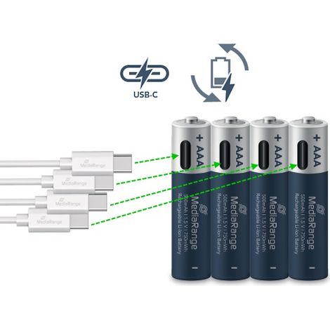 MediaRange Pilas Recargables USB-C de Ion de Litio, Micro AAA I, 1,5 V, 500 mAh, 4 Unidades