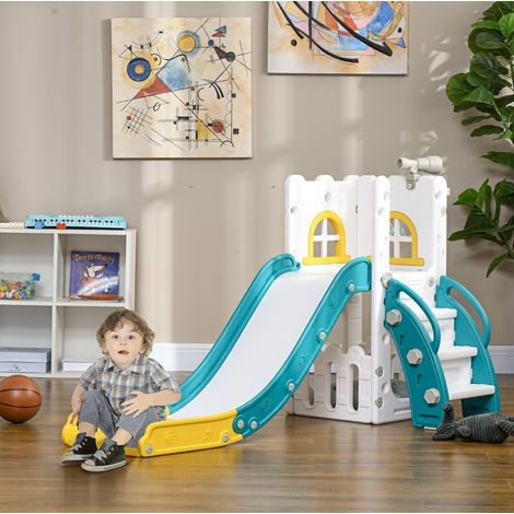 Tobogán infantil 4 en 1 con canasta, telescopio y escalera, amarillo DESVIAE (1/5)