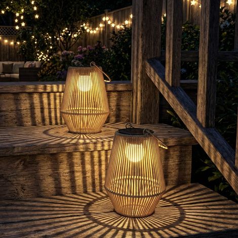 Lot de 2 lanternes solaires d'extérieur, lampes de jardin suspendues en rotin avec allumage/extinction automatique, IP44, marron