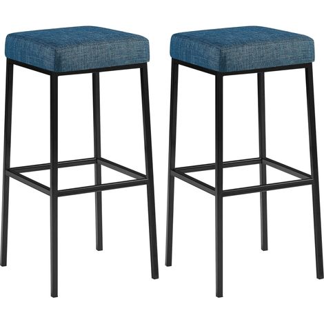 Lot de 2 tabourets de bar avec repose-pieds assises carrées hauteur 80 cm en tissu bleu et métal noir 100006072