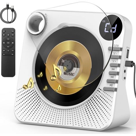 Portable CD Player with Bluetooth 5.1, CD Players for Home, CD Player with Speakers, Remote Control, Protective Case, LED Screen, Hi-Fi Sound, Via AUX/USB Playback (White) (1/5)