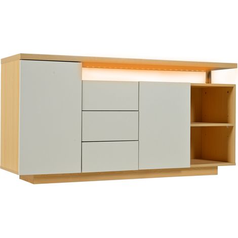 Buffet multifonctionnel 140 cm en panneau de particules blanc et imitation bois avec LED (1/5)