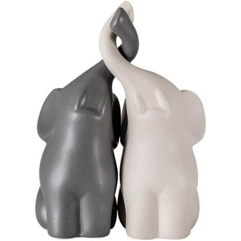 Couple harmonieux d'éléphants en céramique beige et grise - sculpture moderne