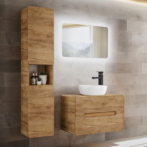 Conjunto de muebles con lavabo individual 80 cm y columna Arun Madera