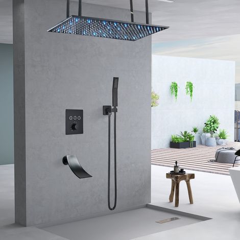 Suguword – Colonne de douche encastrée hydromassante LED 40x80 cm – Système thermostatique – 3 modes de douche – Pommeau en laiton massif – Noir (1/5)