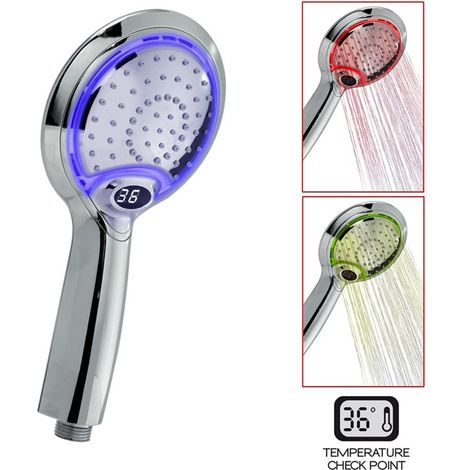 Douchette LED 1 Jet Chromée ABS  Affichage Température Changement Couleur Anti-Calcaire