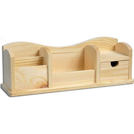 Portapenne organizer in legno da scrivania 4 scomparti e cassetto portaoggetti contenitore penne da decorare per decoupage fa da te bricolage pittura (1/3)
