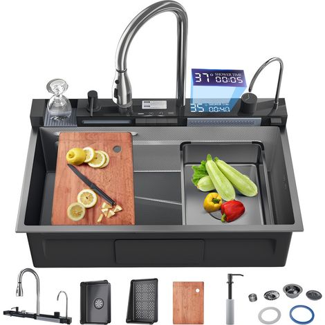 Évier de cuisine cascade 75×46 cm en acier inoxydable – Bac simple avec robinet à affichage numérique, distributeur de savon et lave-tasse intégré