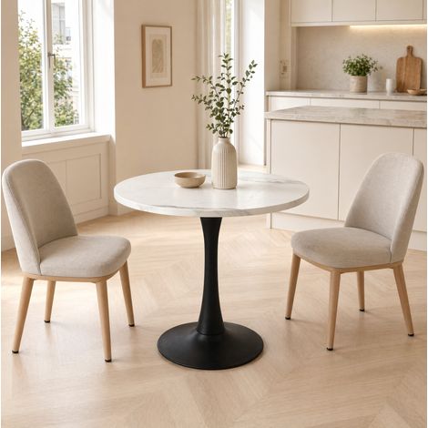 Mesa de comedor redonda 80 cm MDF efecto mármol blanco y metal negro (1/5)