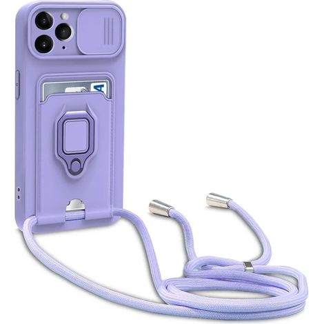 Housse de téléphone en silicone avec caméra coulissante, compatible iPhone 14 Pro Max, étui avec anneau métallique, bracelet de cou réglable pour smartphone - Violet (1/5)