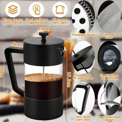 Cafetière à Piston, French Press 1000 ml (5 Tasses),Carafe Française pour Café Filtre,Triple Filtres,Cafetière/théière (Noir) (1/5)