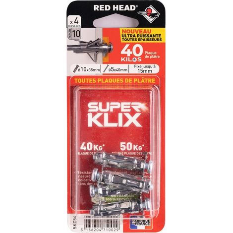 Set mit 4 Dübeln (10 mm Durchmesser x 35 mm Länge) und Spreizdübeln (5 mm Durchmesser x 40 mm Länge), roter Kopf RED HEAD