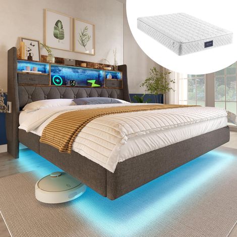 Lit suspendu capitonné 160x200 cm avec éclairage LED, tête de lit et station de charge (1 Type-C, 3 ports USB), lit double moderne avec tête de lit de rangement et sommier à lattes, lin
