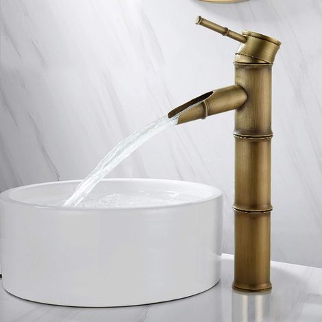 Vintage Bambus Wasserhahn, Messing Wasserfall Einhebelmischer Mischbatterie, Wasserhahn Kaltes und Heißes Break Mouth