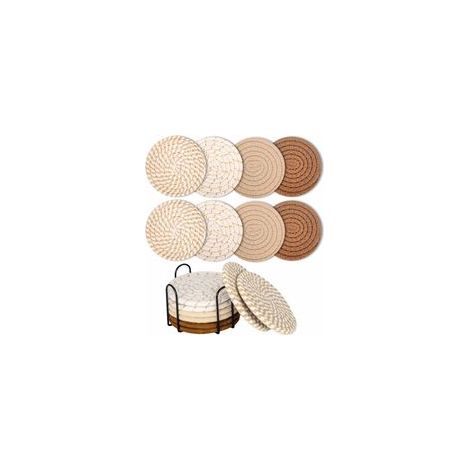 (Jaune) 8 dessous de verre ronds avec supports Dessous de verre antidérapants en coton tissé