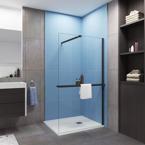Paroi de douche à l'italienne 90x200cm installé avec une barre de fixation noir 73-120cm extensible,livré avec étagère de douche noir