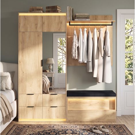 MODFU – Set vestidor de entrada 180x47x200 cm de MDF con espejo, banco, LED, 4 cajones y 2 barras – Roble/antracita (1/5)