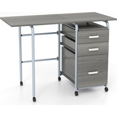 COSTWAY Scrivania Salvaspazio con 3 Cassetti e Ruote Bloccabili, Scrivania Porta PC Pieghevole con Struttura in Metallo per Studio e Ufficio, 105 x 50 x 75 cm, Portata 100 kg (Grigio) (1/4)